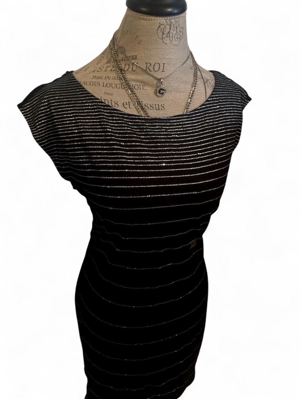 Vintage Express • Black Glitter Rhinestone Striped Dress • Size - L • nwt